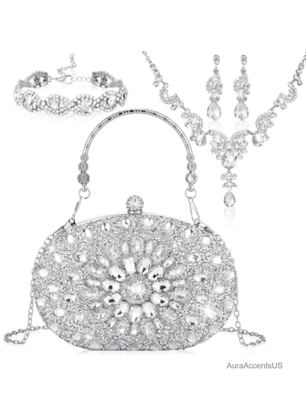 Rhinestone Clutch Purse Jewelry Set 4 Pc Necklace Bracelet Earrings Formal